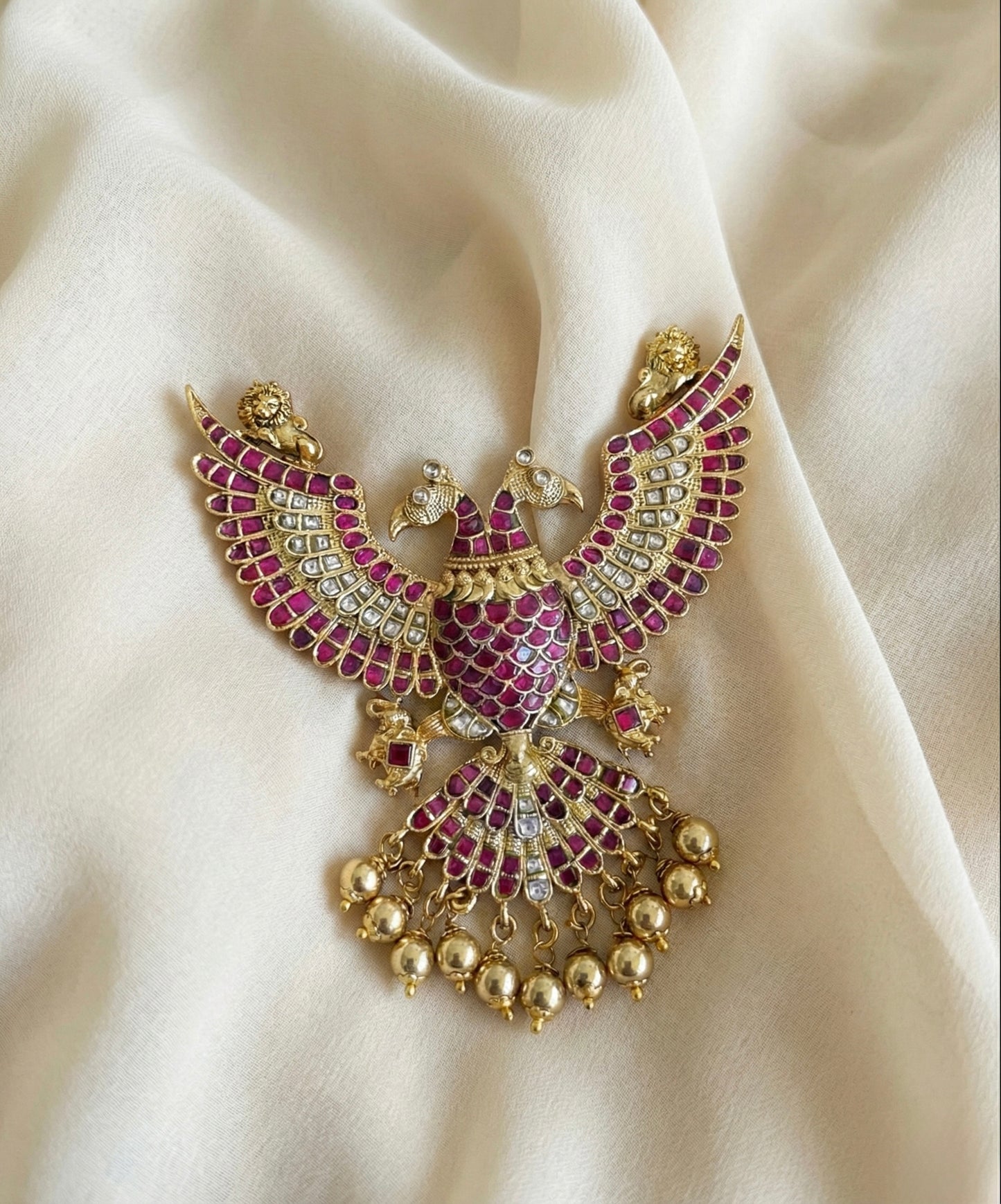 Antique gold tone kundan jadau Gandaberunda pendant dj-48799