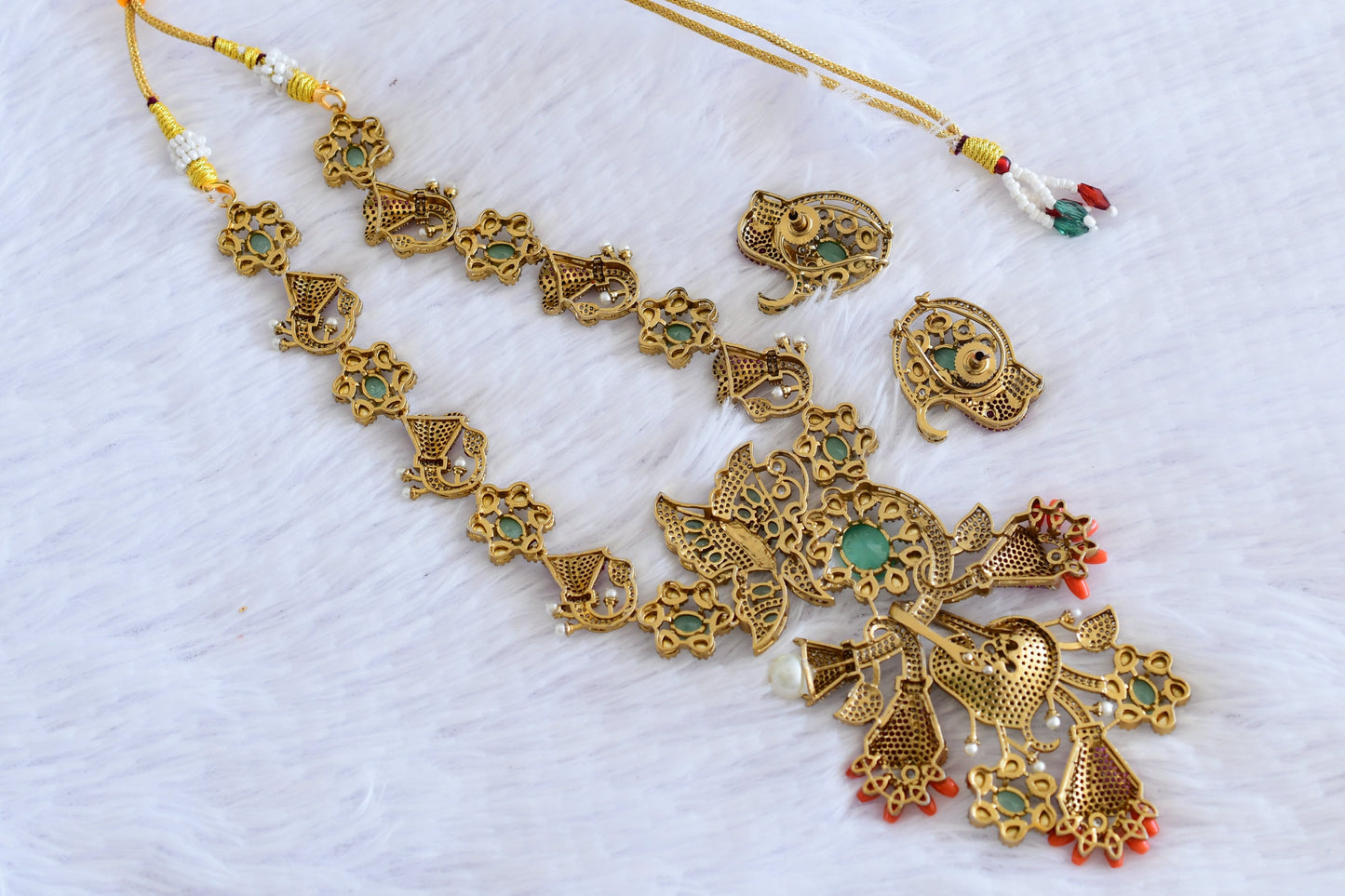 Antique gold tone cz ruby-sea green-coral peacock necklace set dj-53029