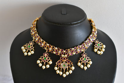 Gold tone precious kemp-green-white pearl necklace dj-52256