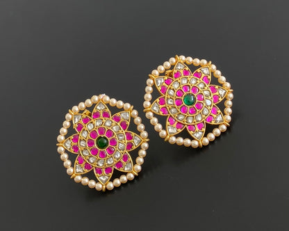 Gold tone pink-white-green pearl kundan jadau flower stud/earrings dj-53545