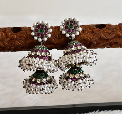 Black finish precious kemp-green-white stone pearl big step jhumkka dj-51770