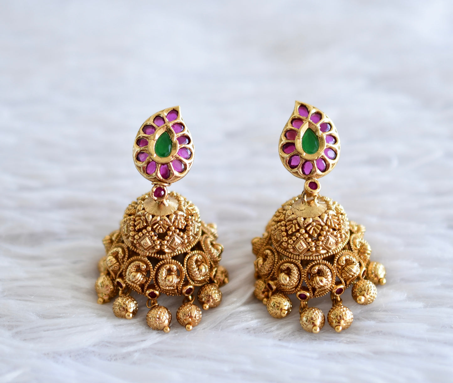 Antique gold tone ruby-green mango-peacock jhumkka dj-51934