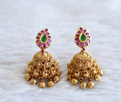 Antique gold tone ruby-green mango-peacock jhumkka dj-51934