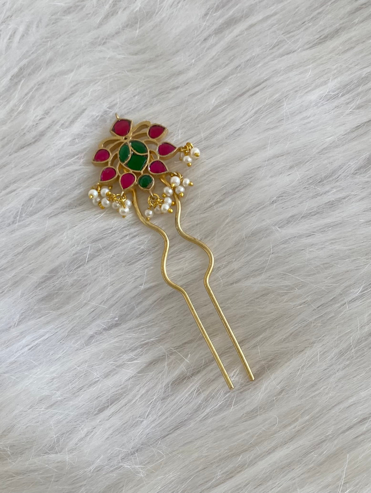 Gold tone kundan jadau kemp-green pearl hair jewel/pin dj-55061