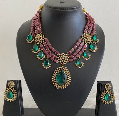 Antique gold tone kemp-white stone big peacock green stone necklace set dj-54813