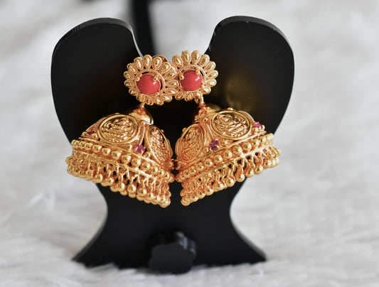 Gold tone coral-ruby lakshmi coin jhumkka dj-51885