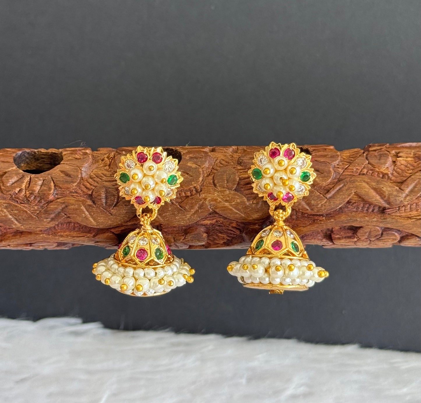 Gold tone ad pink-green-white stone pearl jhumkka dj-46017