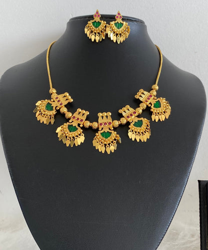 Gold tone kerala style pink-green palakka elakka necklace set dj-54550