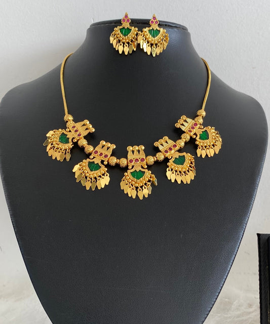 Gold tone kerala style pink-green palakka elakka necklace set dj-54550