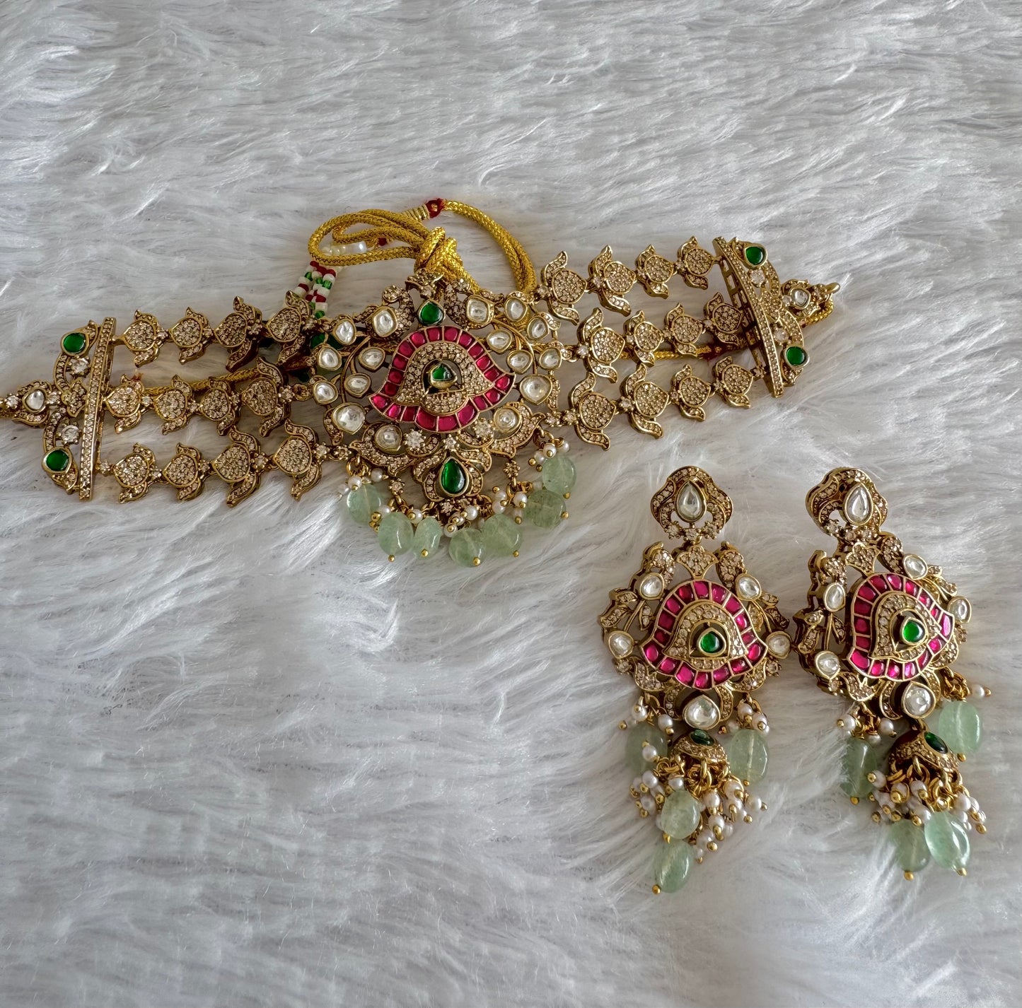 Antique gold tone cz pink-green kundan jadau choker necklace set dj-51560