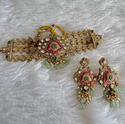 Antique gold tone cz pink-green kundan jadau choker necklace set dj-51560