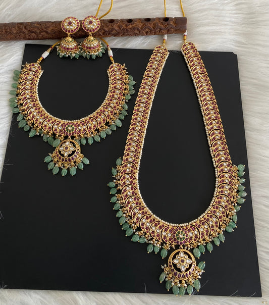 Antique gold tone kundan jadau pearl green beaded bridal set dj-54603