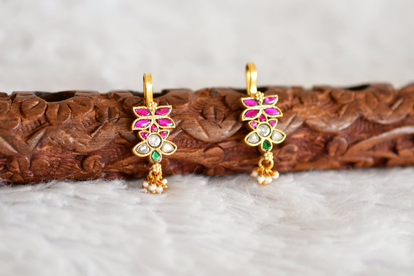 Gold tone pink-green-white kundan jadau butterfly bugadi earrings dj-52487