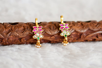 Gold tone pink-green-white kundan jadau butterfly bugadi earrings dj-52487