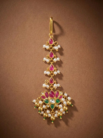 Gold tone pink-green-white Kundan jadau lotus tikka dj-36357