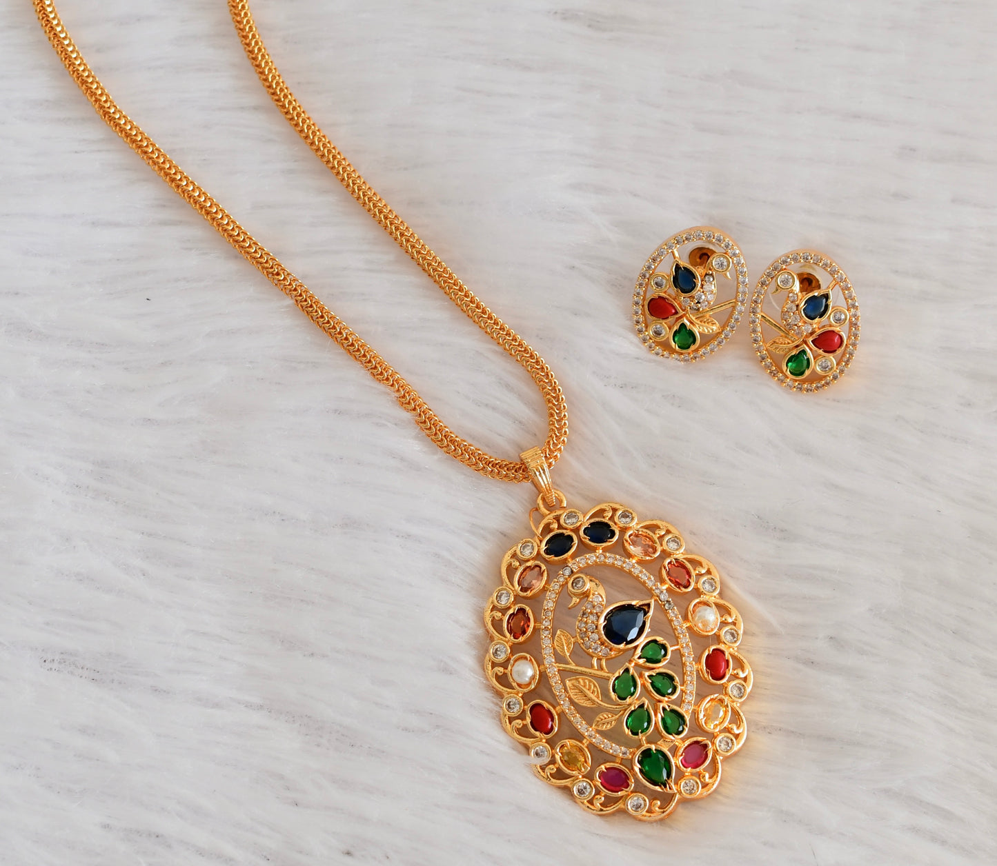 Gold tone 24 inches chain with cz peacock navarathna pendant set dj-53315