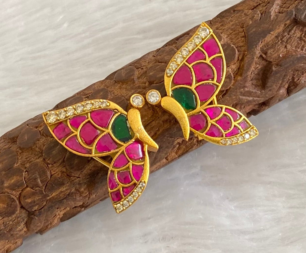 Gold tone pink-green-white kundan jadau butterfly earrings dj-53529