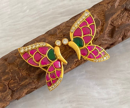 Gold tone pink-green-white kundan jadau butterfly earrings dj-53529