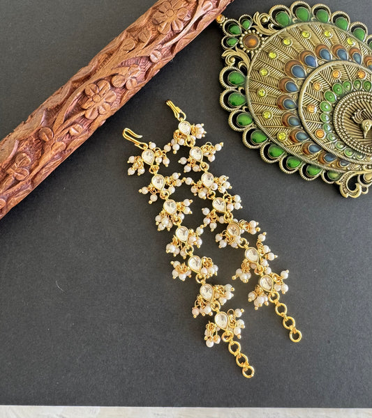 Gold tone white kundan jadau pearl ear side chain dj-52049