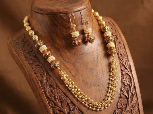 Gold tone meenakari pearl beaded necklace set-dj15143