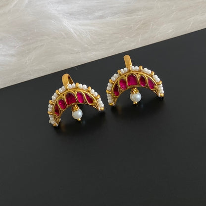 Gold tone pink kundan jadau moon bugadi earrings dj-54595