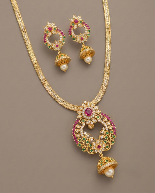 Gold tone cz ruby-green jhumkka pendant necklace set-dj07417