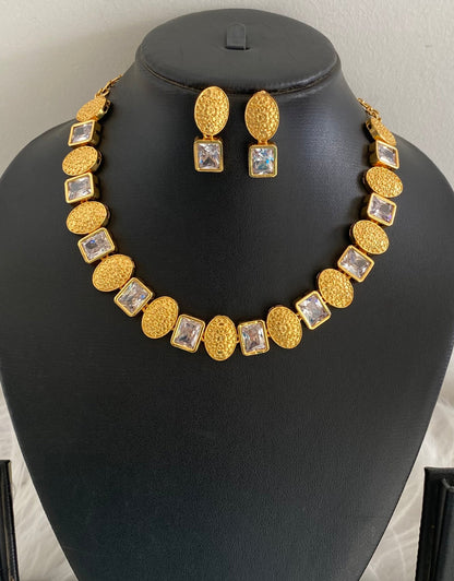 Gold tone white block stone necklace set dj-54663