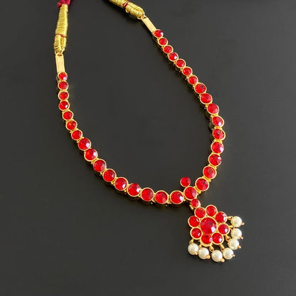 Gold tone AD red stone pearl attigai necklace dj-54988