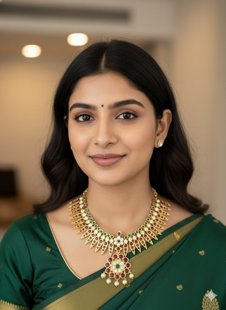 Gold tone precious kemp-green-white pearl mulla mottu big necklace dj-52259