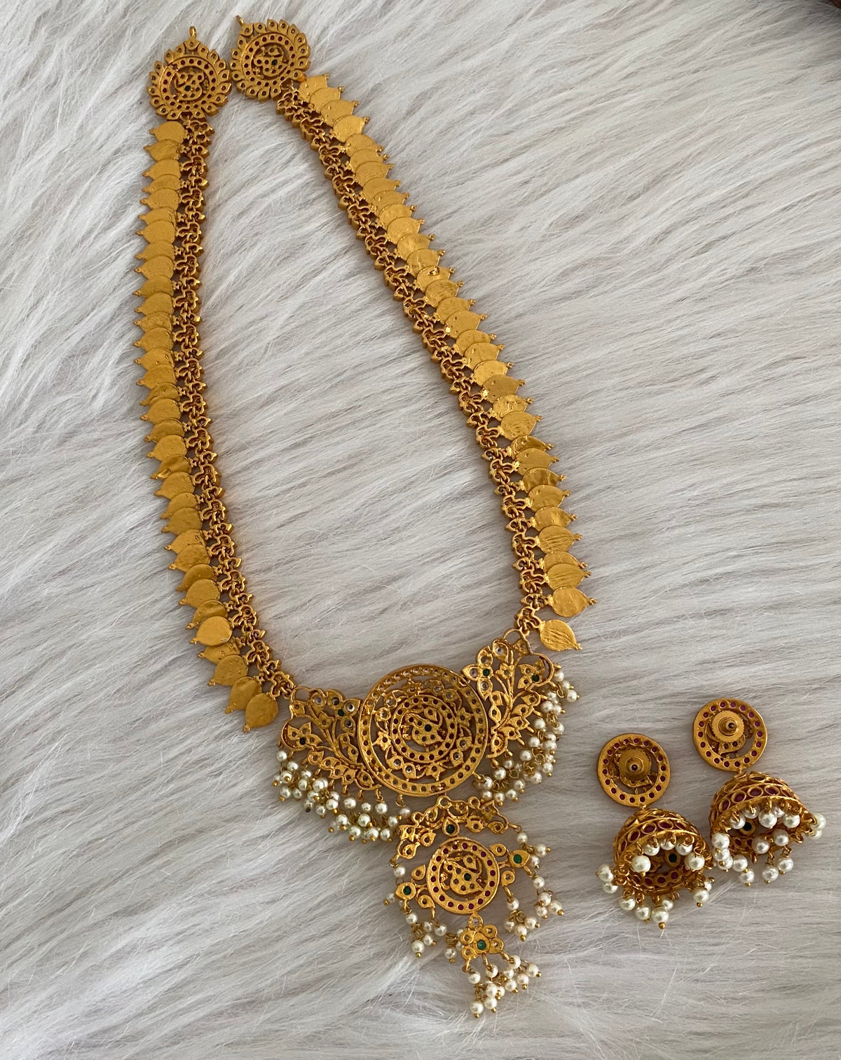 Matte finish ruby-emerald-white pearl lakshmi coin haar set dj-54996