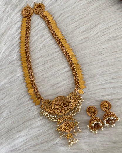 Matte finish ruby-emerald-white pearl lakshmi coin haar set dj-54996