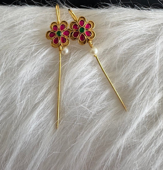 Gold tone pink-green kundan jadau flower bugadi earrings dj-51144