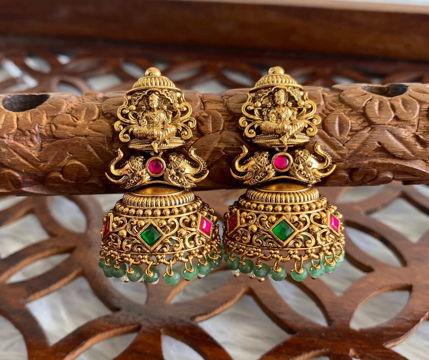 Antique gold tone pink-green beaded Lakshmi jhumkka dj-51049