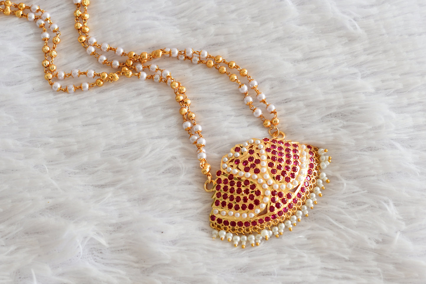 Gold tone 24 inches double layer pearl chain with ad pink-pearl swan pendant dj-51909