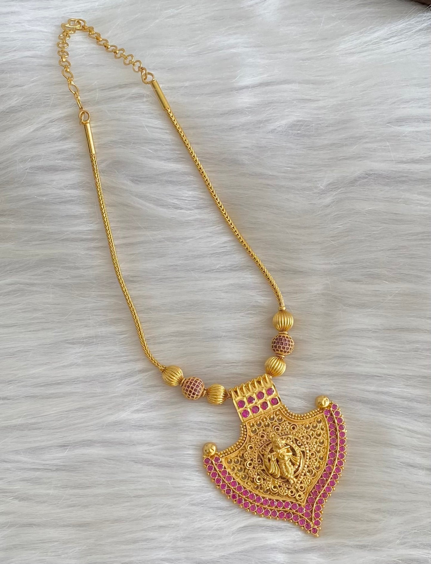 Gold tone ruby stone krishna kerala style kodi necklace dj-54144