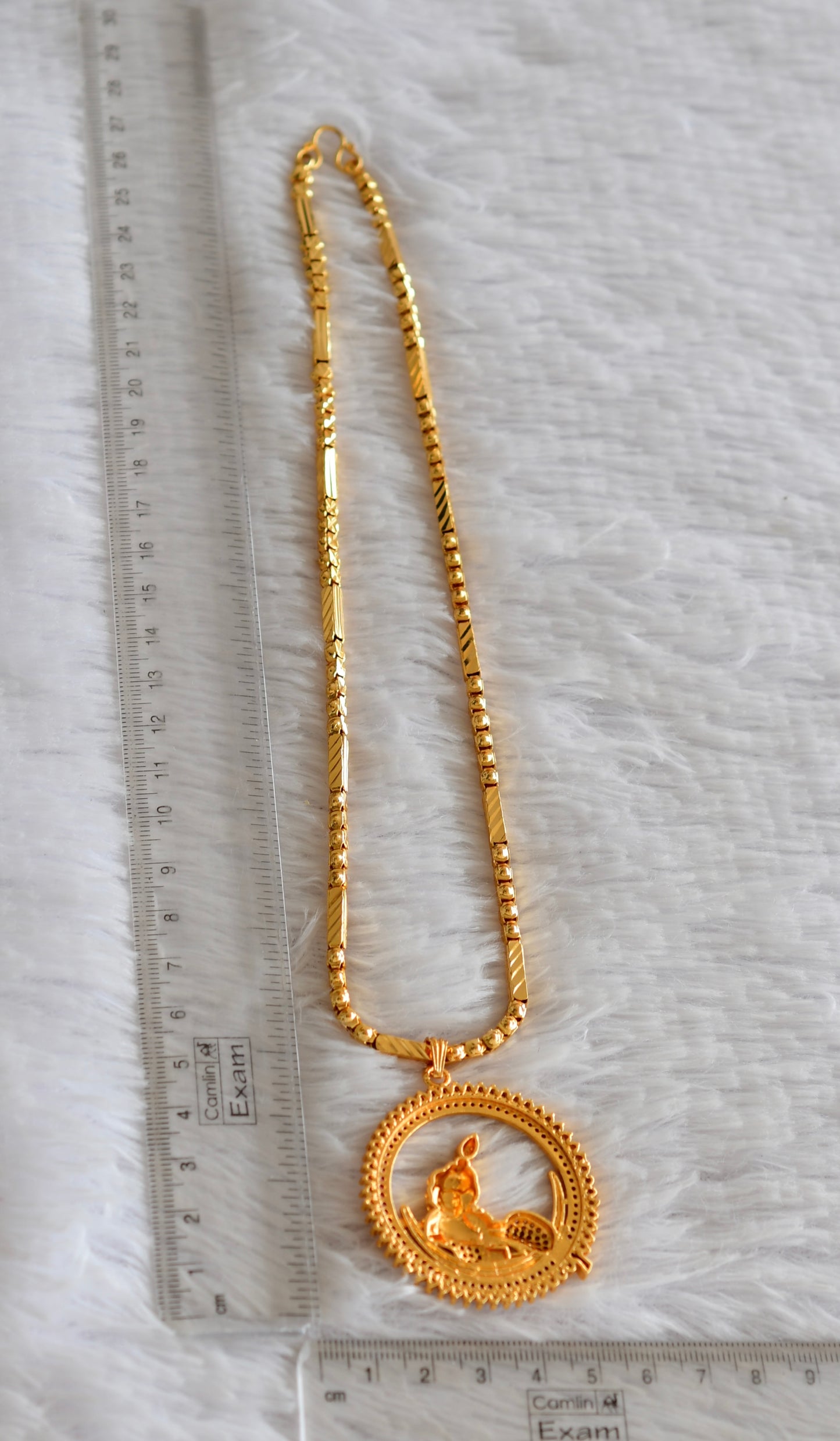 Gold tone 18 inches chain with ruby-white krishna round pendant dj-51919