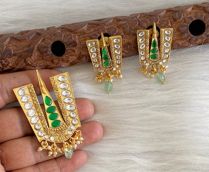 Gold tone white-green kundan jadau thirumal nama pendant set dj-53983