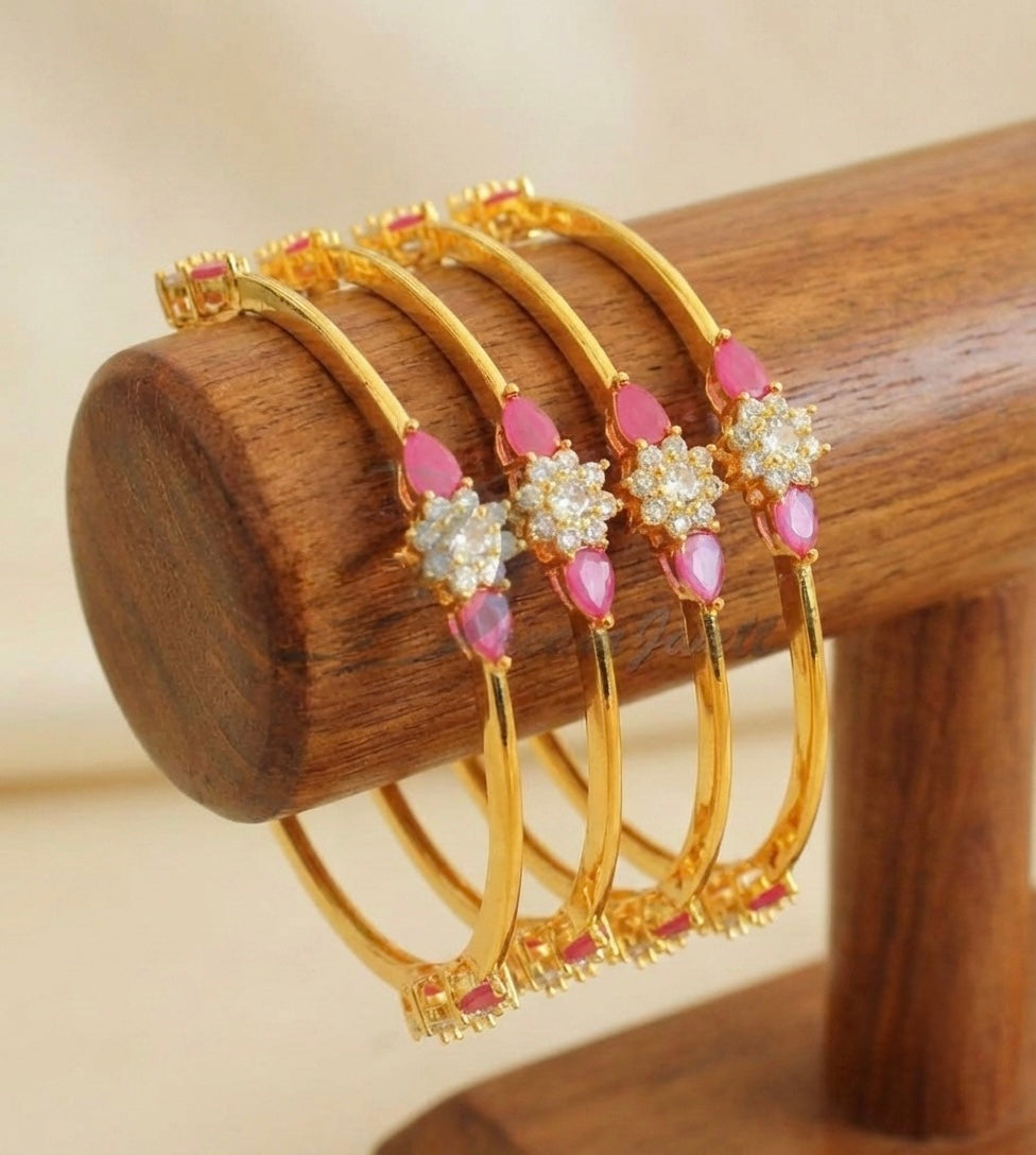 Gold Tone Ruby White Set Of 4 Bangles (2.4) DJ27635