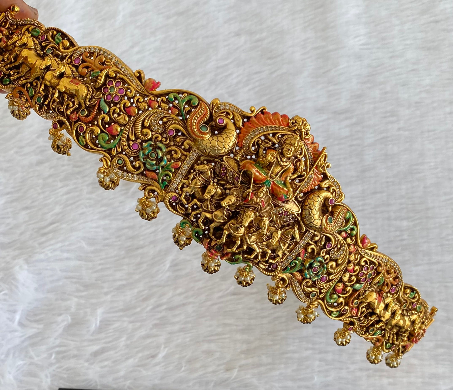 Matte finish meenakari lakshmi peacock horse waist belt dj-53520