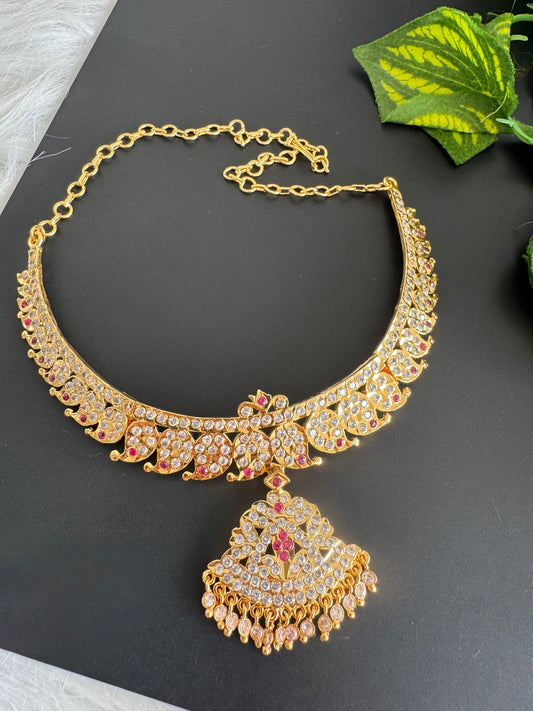Gold tone ad ruby-white stone mango necklace dj-51197