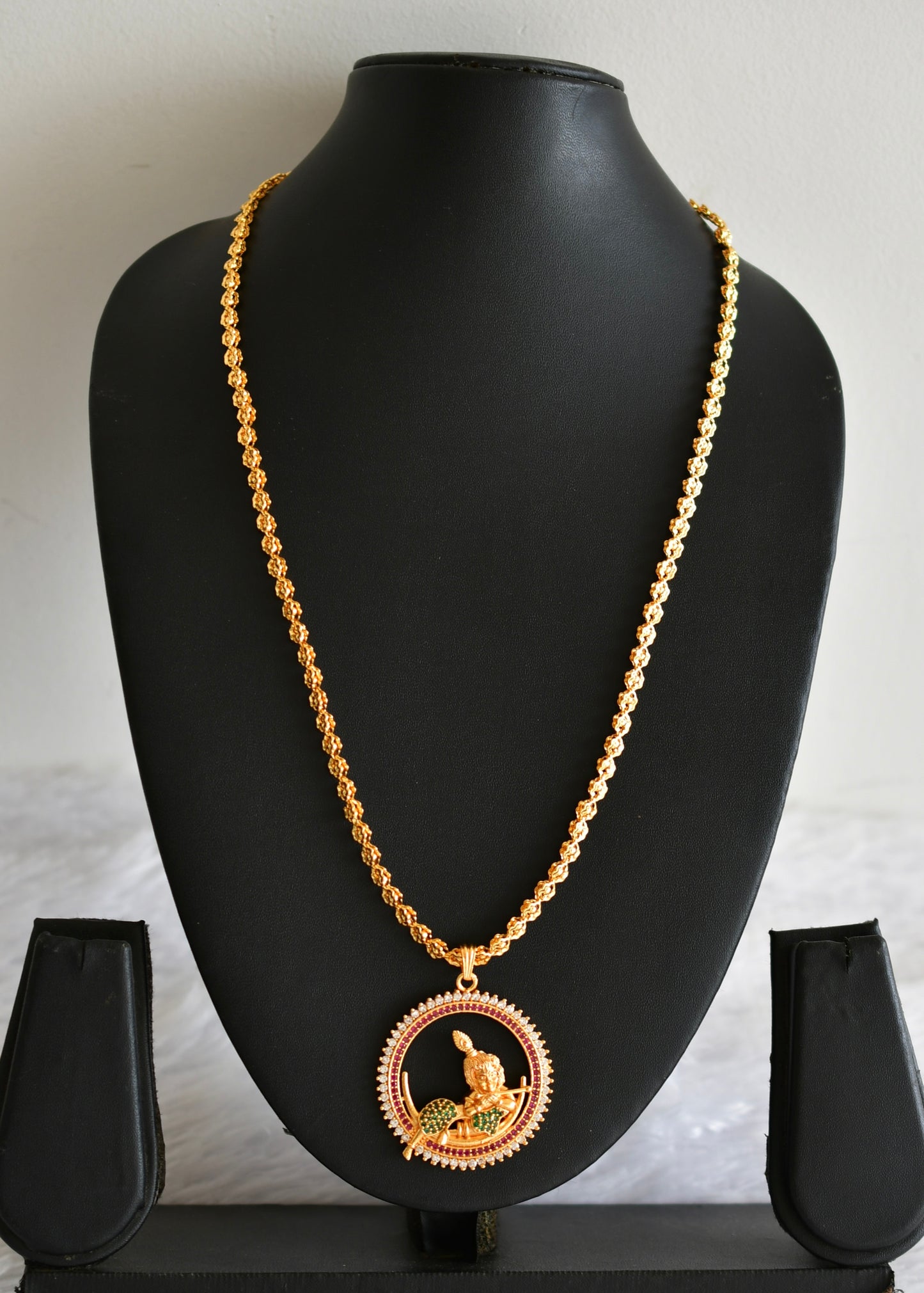 Gold tone 24 inches chain with ruby-green-white krishna round pendant dj-51917