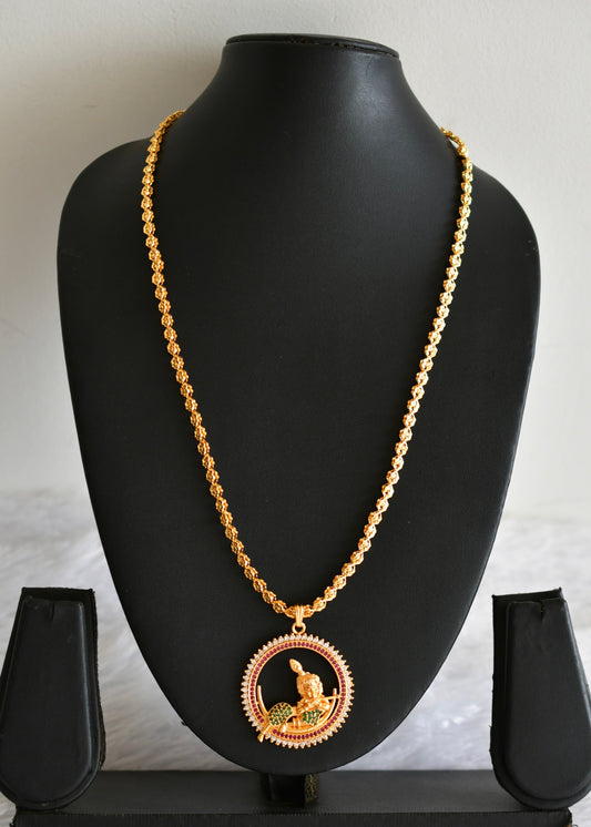 Gold tone 24 inches chain with ruby-green-white krishna round pendant dj-51917