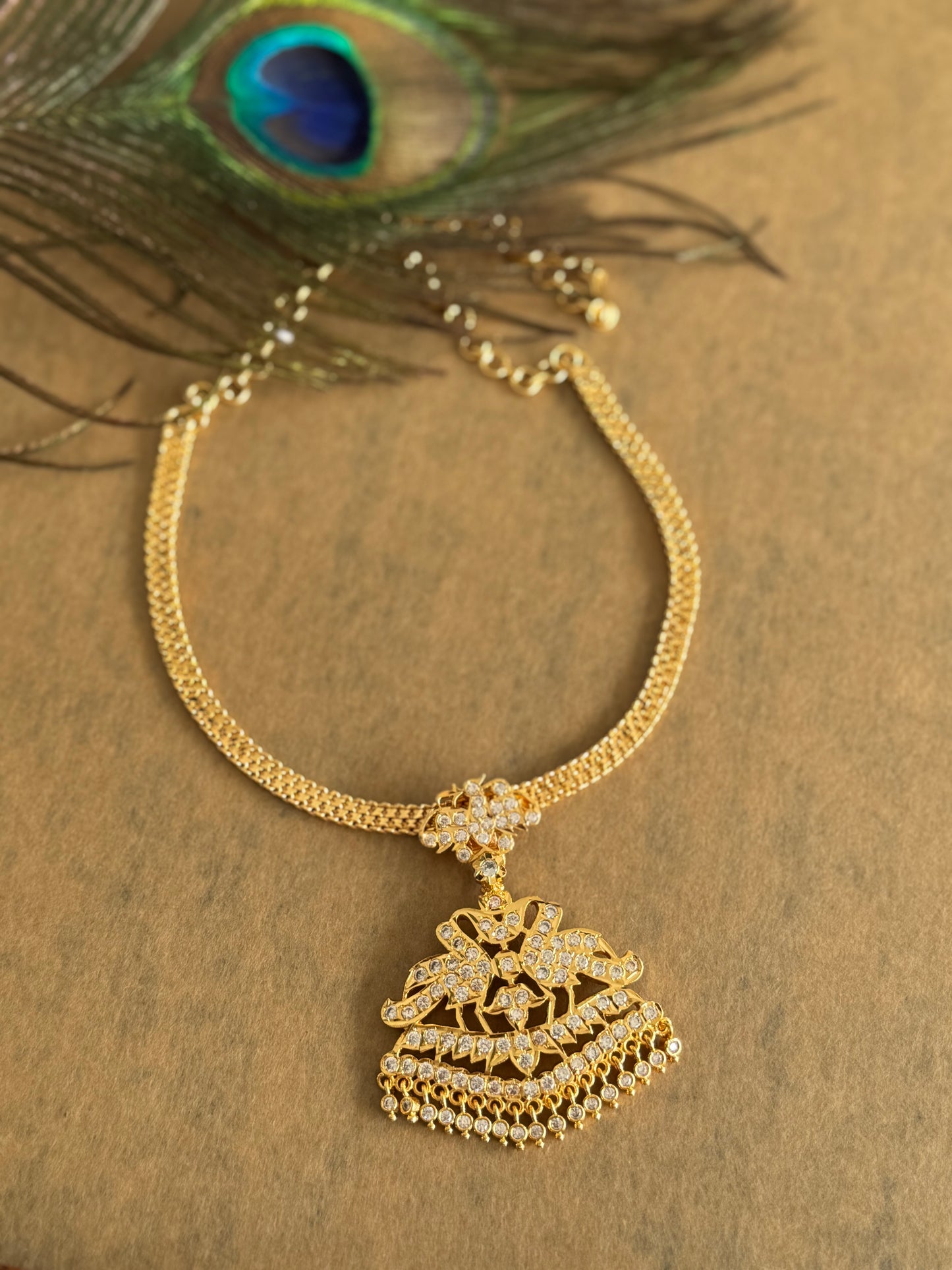 Gold tone south indian AD white peacock attigai/necklace dj-51739