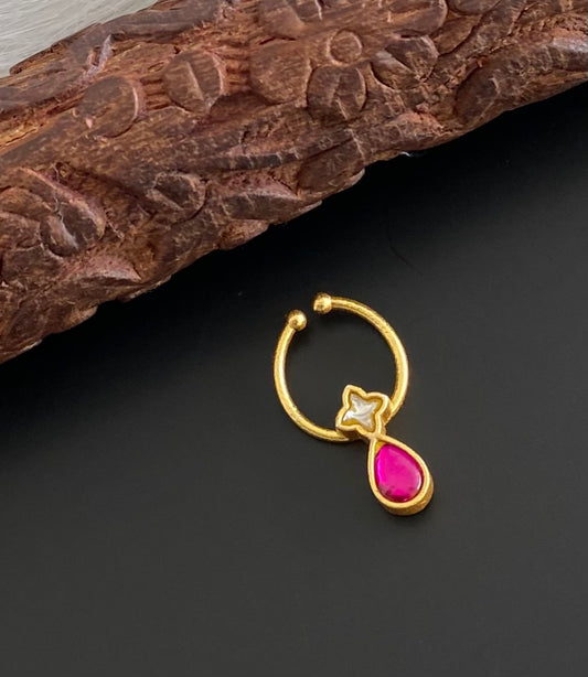 Gold tone kundan jadau white-pink stone nose pin/bulakku dj-53764