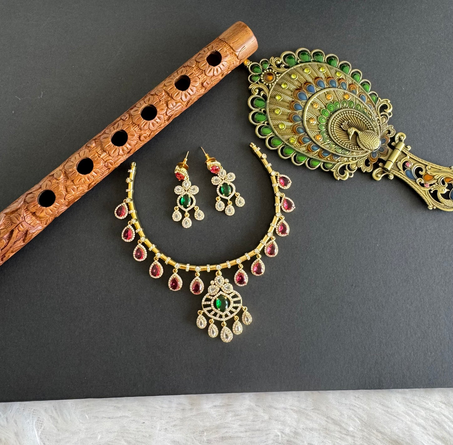 Antique gold tone cz magenta pink-green-white kante necklace set dj-52126