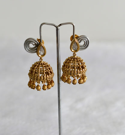 Antique gold tone white thilak stone pearl jhumkka dj-51852