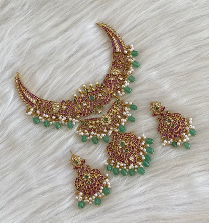 Antique gold tone kemp-green-white stone green beaded peacock necklace set dj-54812