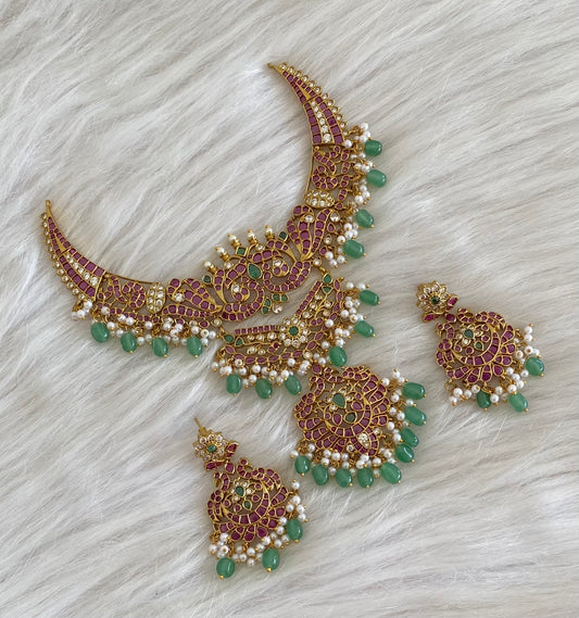 Antique gold tone kemp-green-white stone green beaded peacock necklace set dj-54812