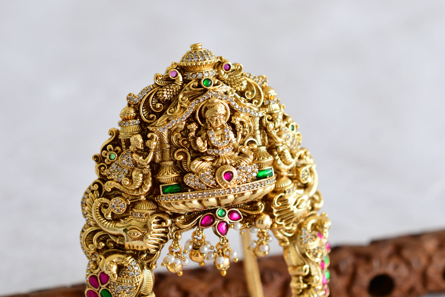 Antique gold tone cz pink-green jadau lakshmi peacock elephant nakshi vanki/bajuband dj-51965
