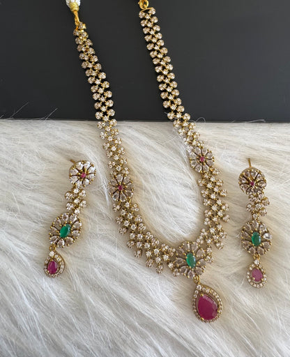 Antique gold tone cz ruby-green flower block stone necklace set dj-51216